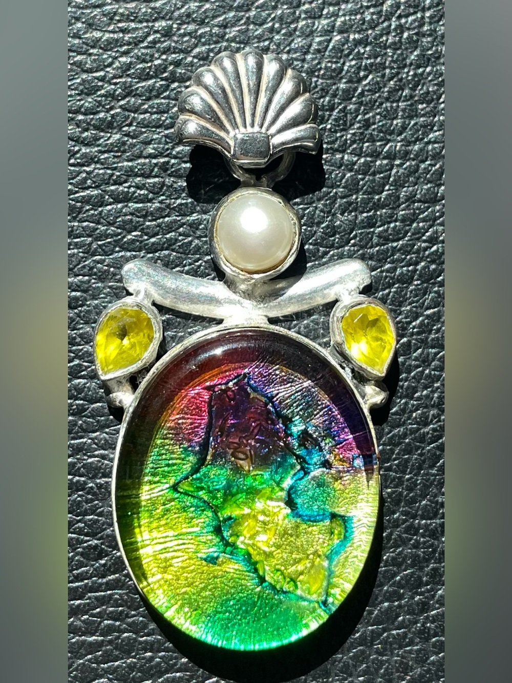 Artisan 925 Sterling Silver Rainbow Dichroic Glass & Pearl Statement Pendant